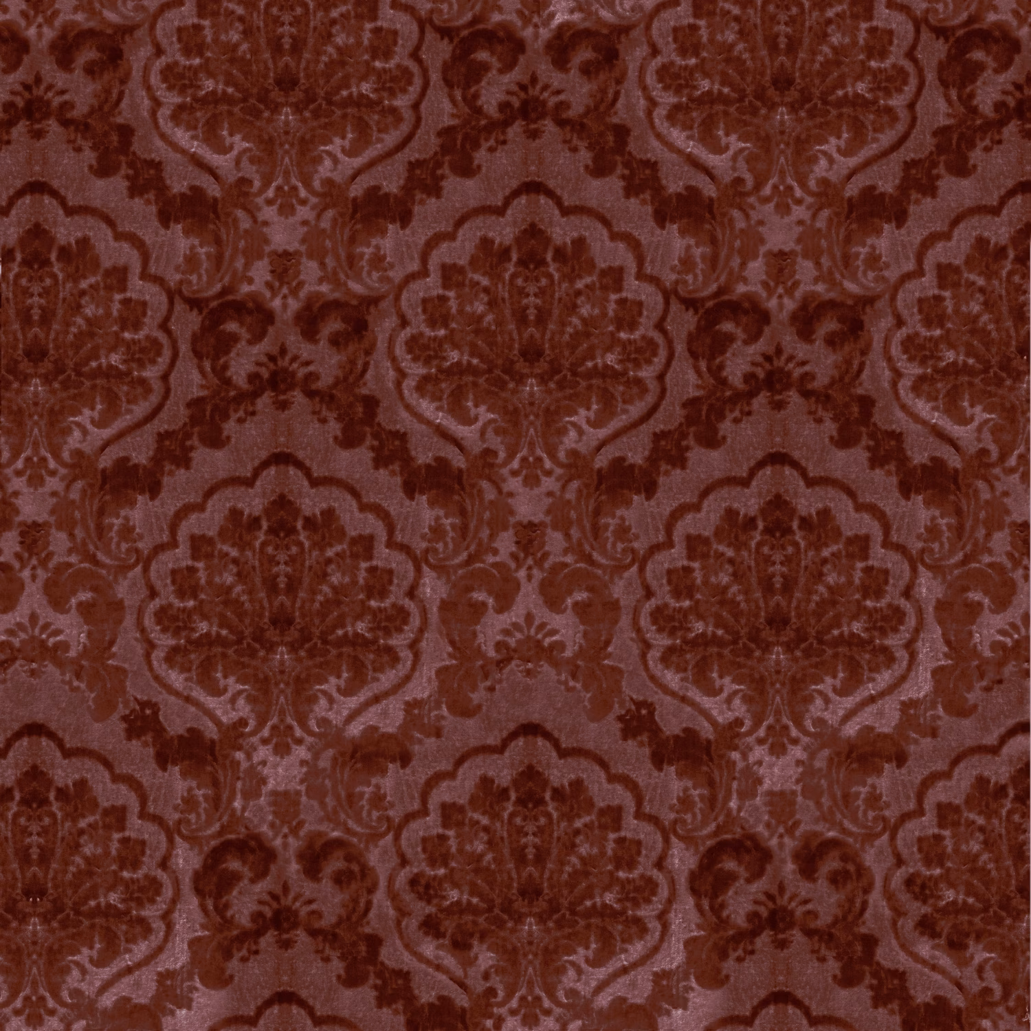 Burgundy damask fabric with softly raised tonal ornament and warm red depth