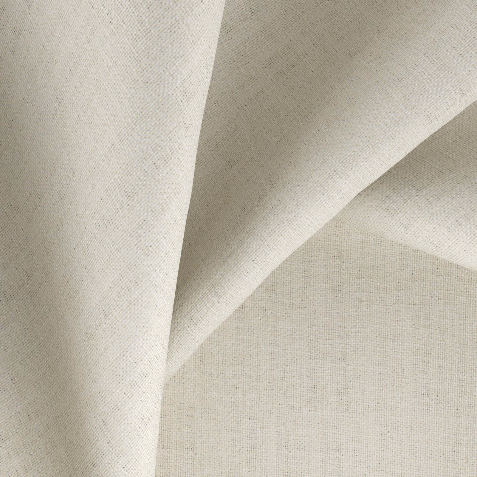 Warm ecru woven fabric swatch with fine flecks and softly folded surface