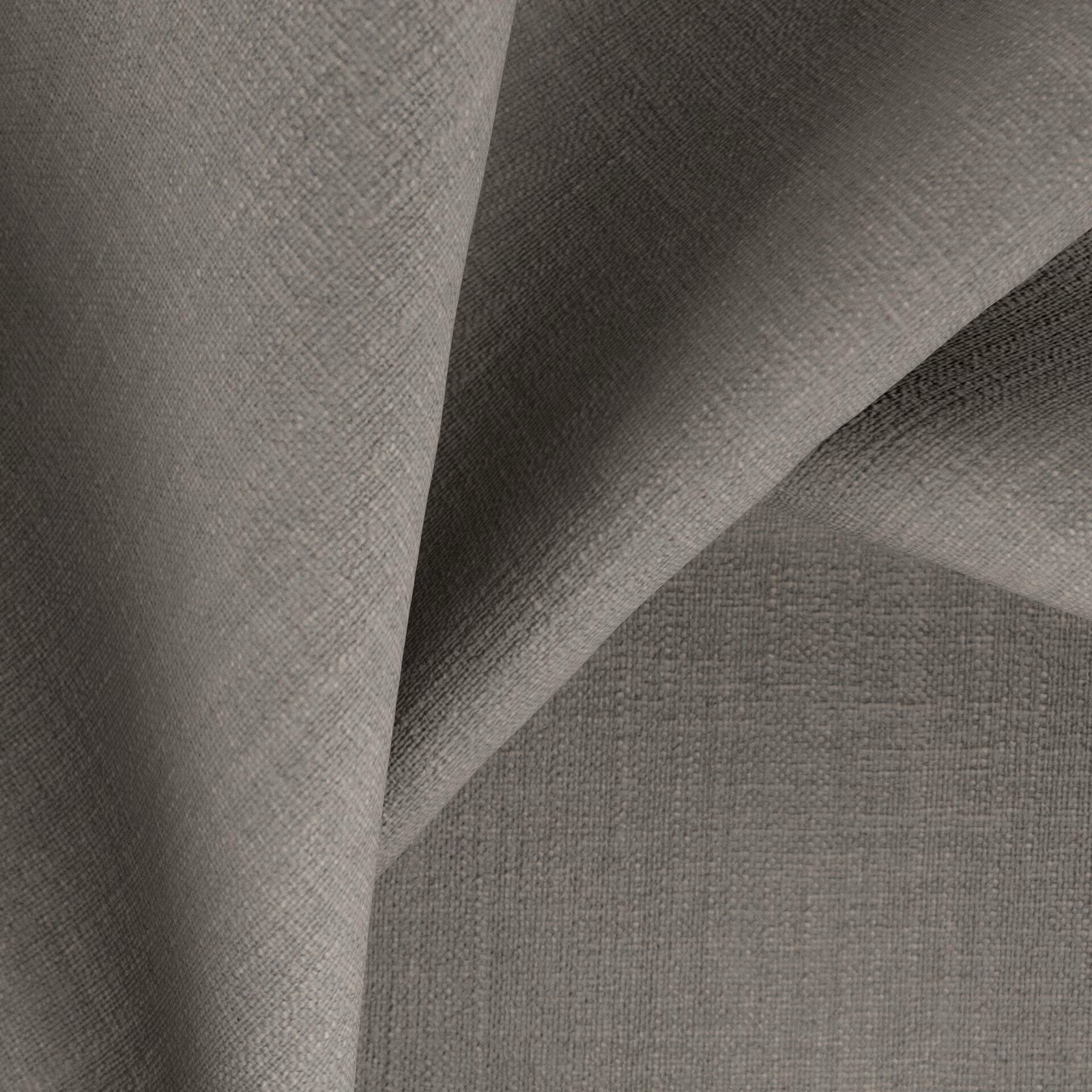 Close view of muted mushroom-grey plain weave with softly folded, fine texture