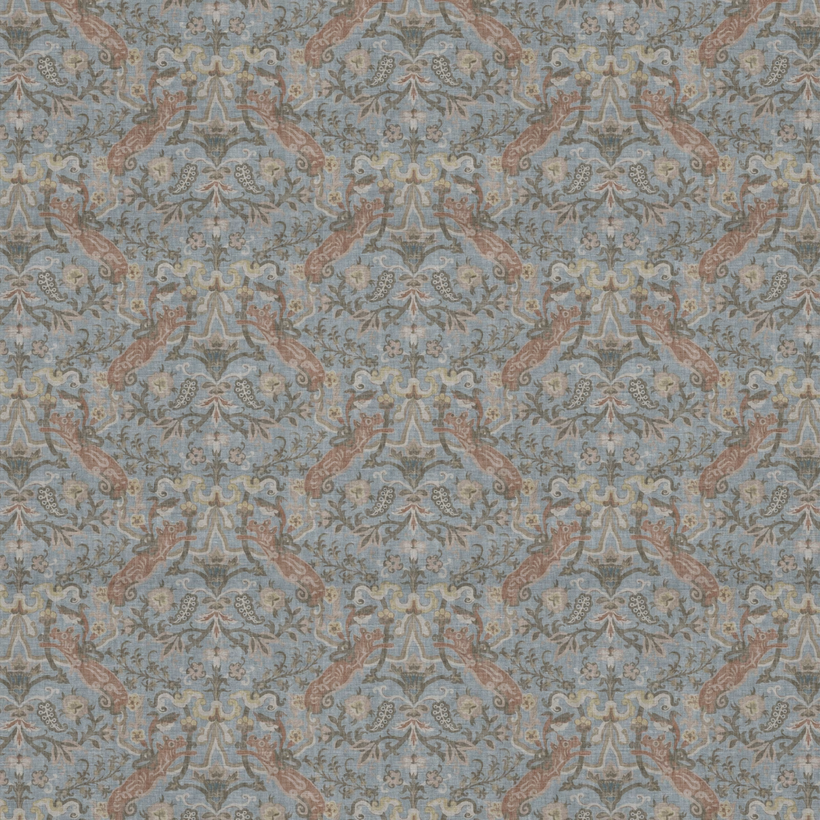 Blue-grey damask textile with dusty rose scrolls and softly raised woven texture