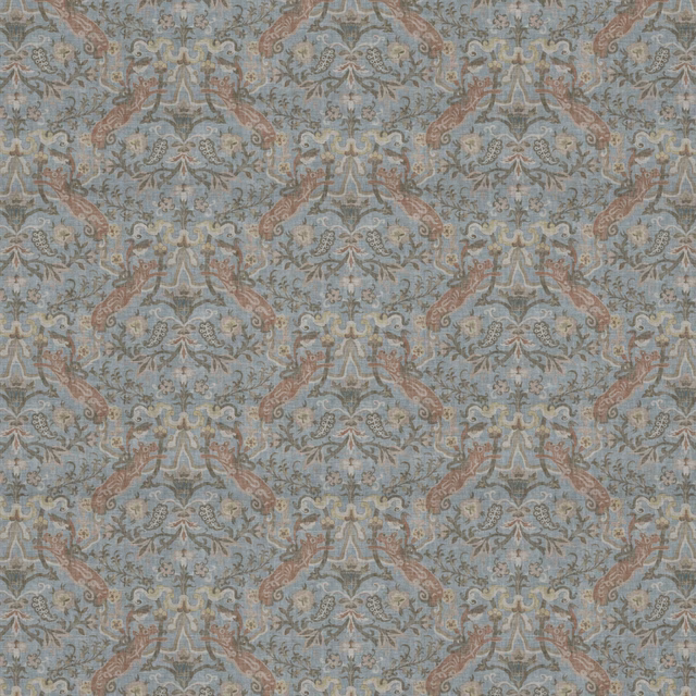 Blue-grey damask textile with dusty rose scrolls and softly raised woven texture