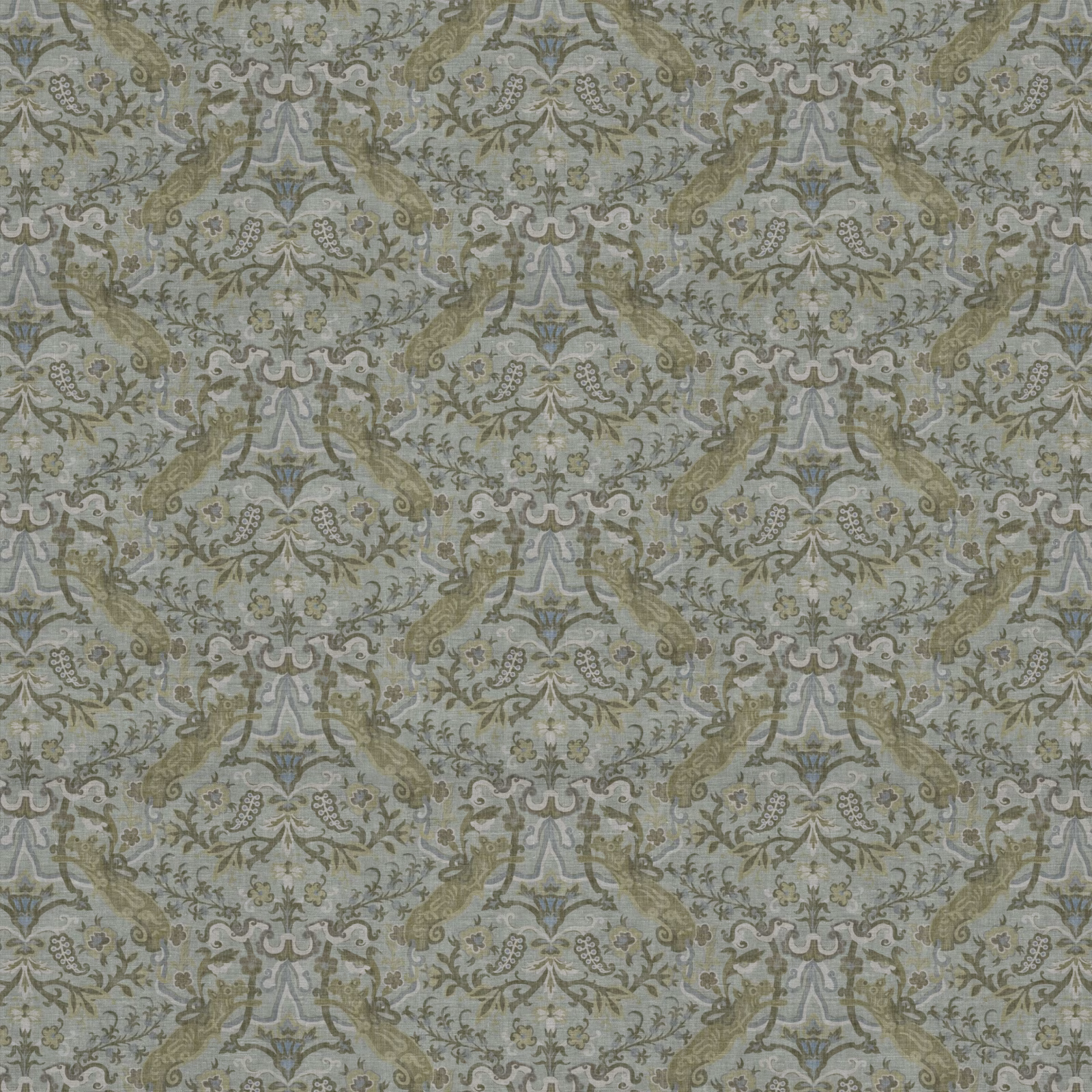 Muted lichen green damask with olive botanical tracery and a softly textured ground