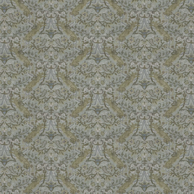 Muted lichen green damask with olive botanical tracery and a softly textured ground