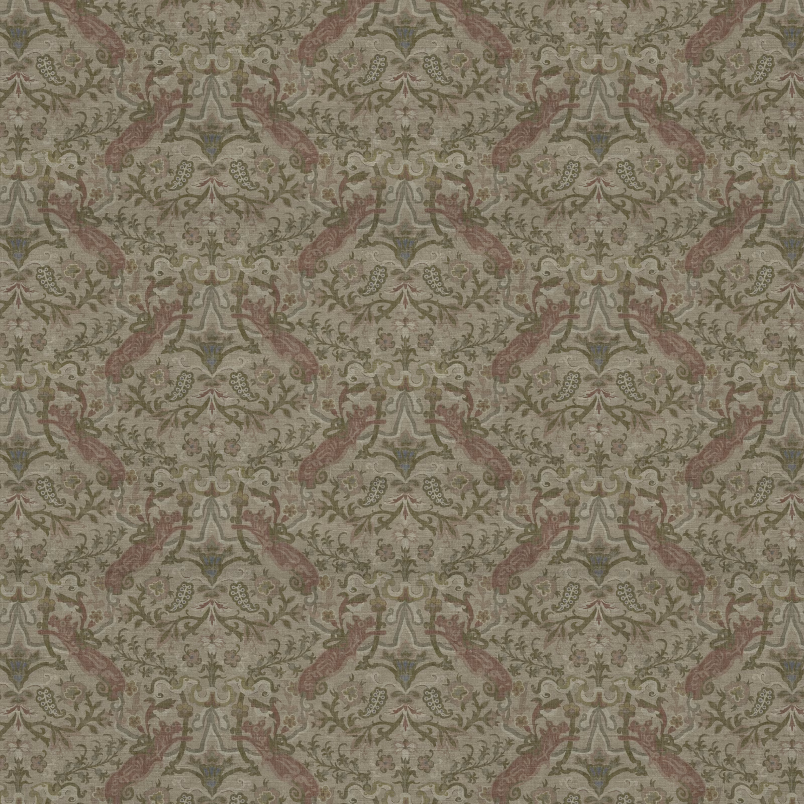Muted sage and taupe botanical repeat with dusty-rose accents on woven fabric