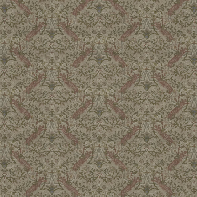 Muted sage and taupe botanical repeat with dusty-rose accents on woven fabric