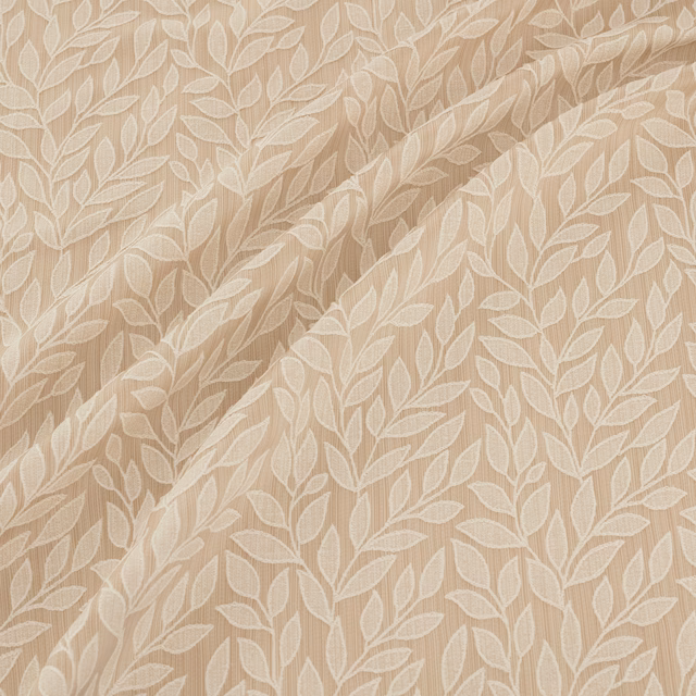 Warm beige woven fabric with ivory leafy vines and softly textured tonal detail