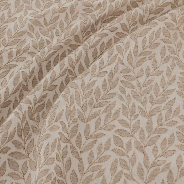 Platinum taupe fabric with cream leafy branches and fine woven texture