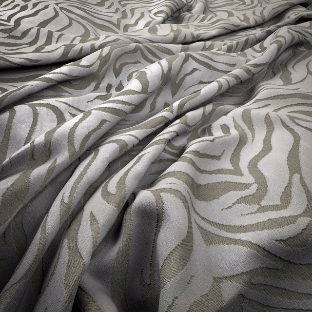 Cool ivory fabric with taupe-grey undulating zebra stripes in soft folds