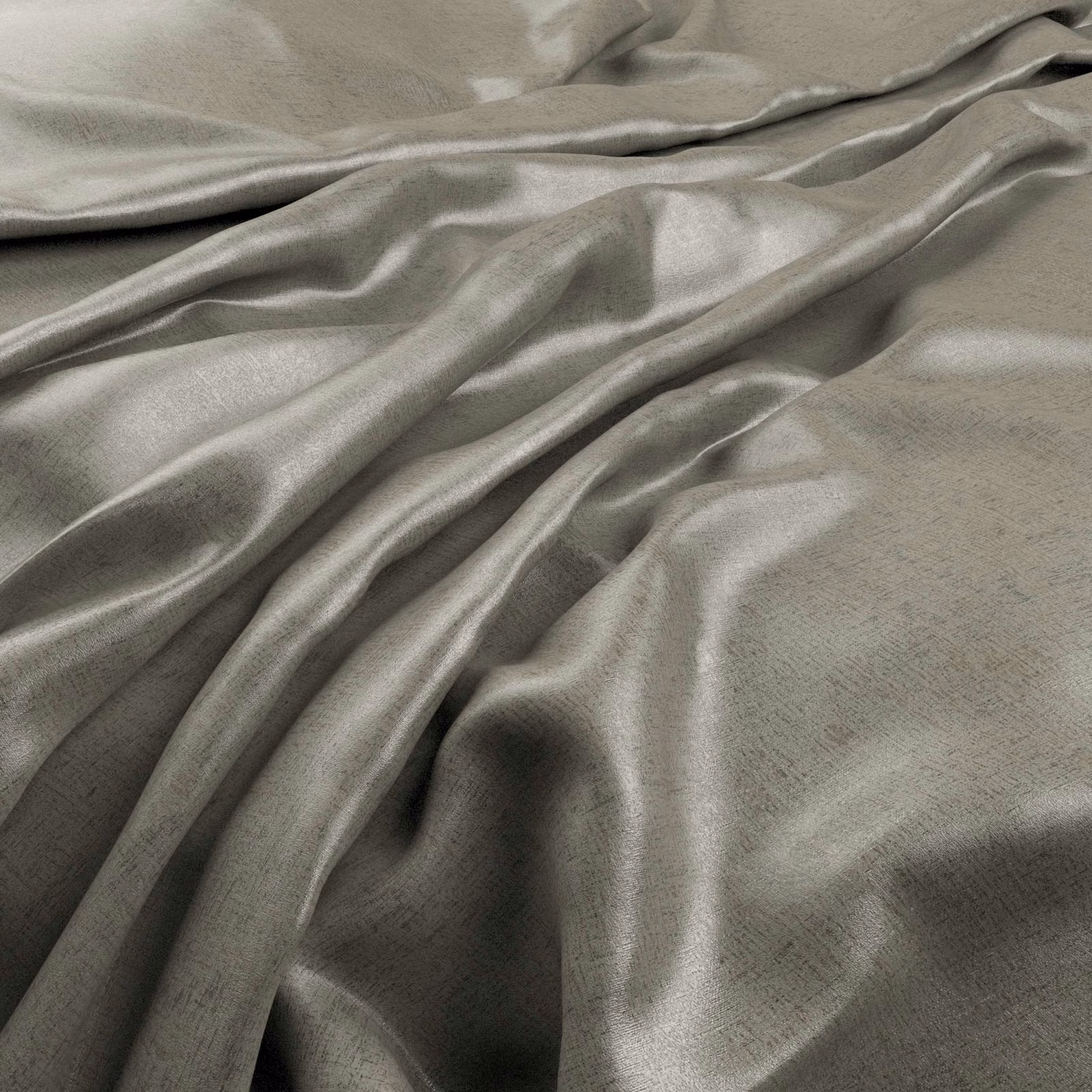 Platinum-grey fabric with a soft sheen gathered into fluid, shadowed folds