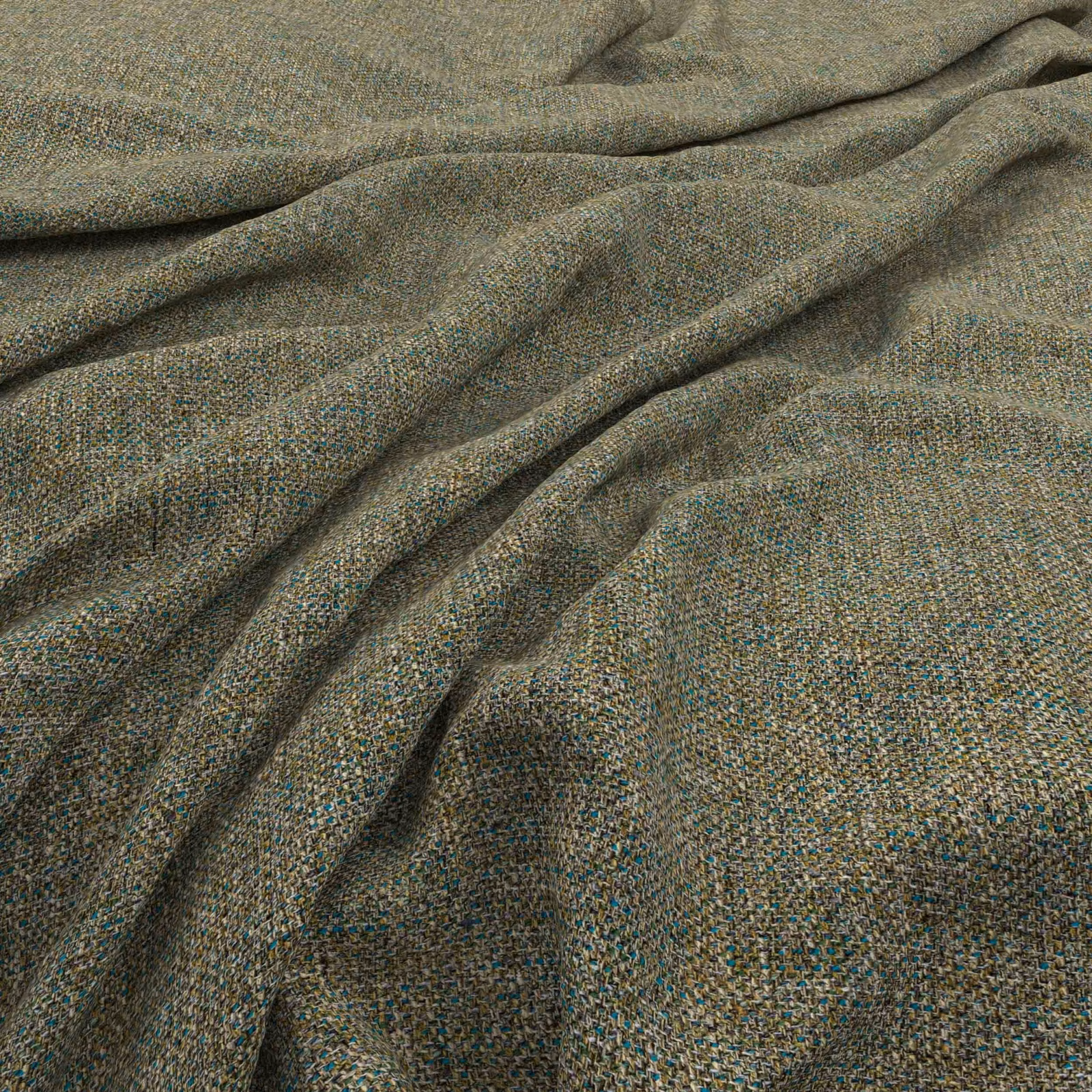 Close-up of muted olive-taupe woven fabric with blue-green and brown flecks