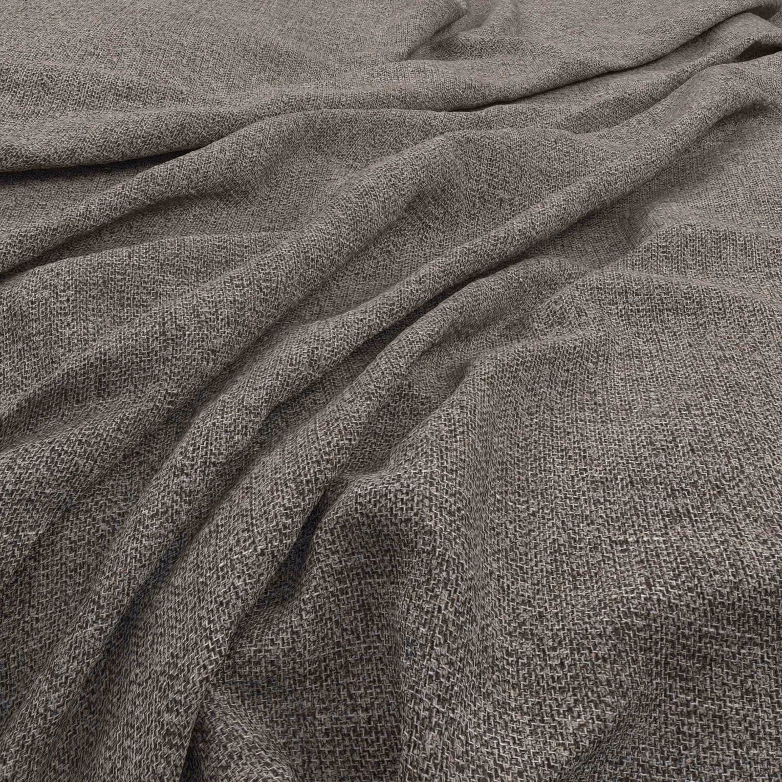 Cool taupe-grey flecked weave gathered into deep, softly shadowed folds