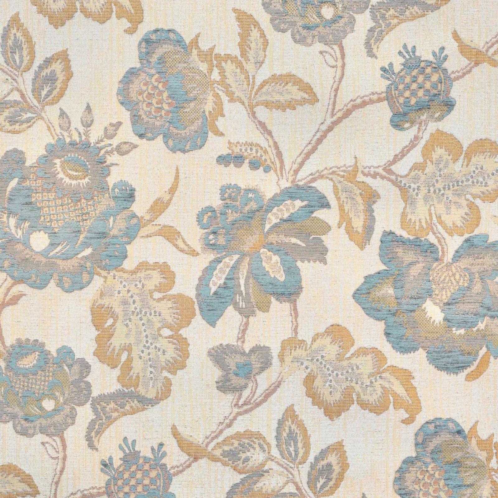 Duck-egg blue floral fabric with tan blossoms and a finely woven textured ground
