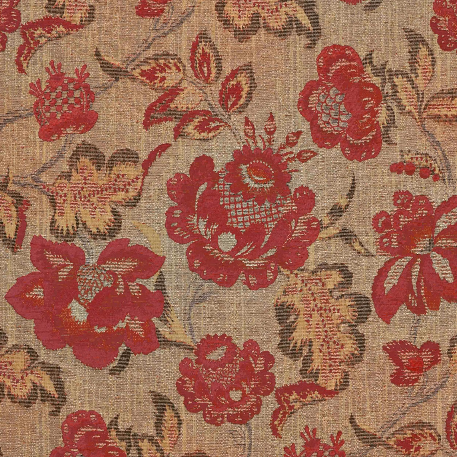 Ruby-red floral motifs on a warm beige, textured woven ground