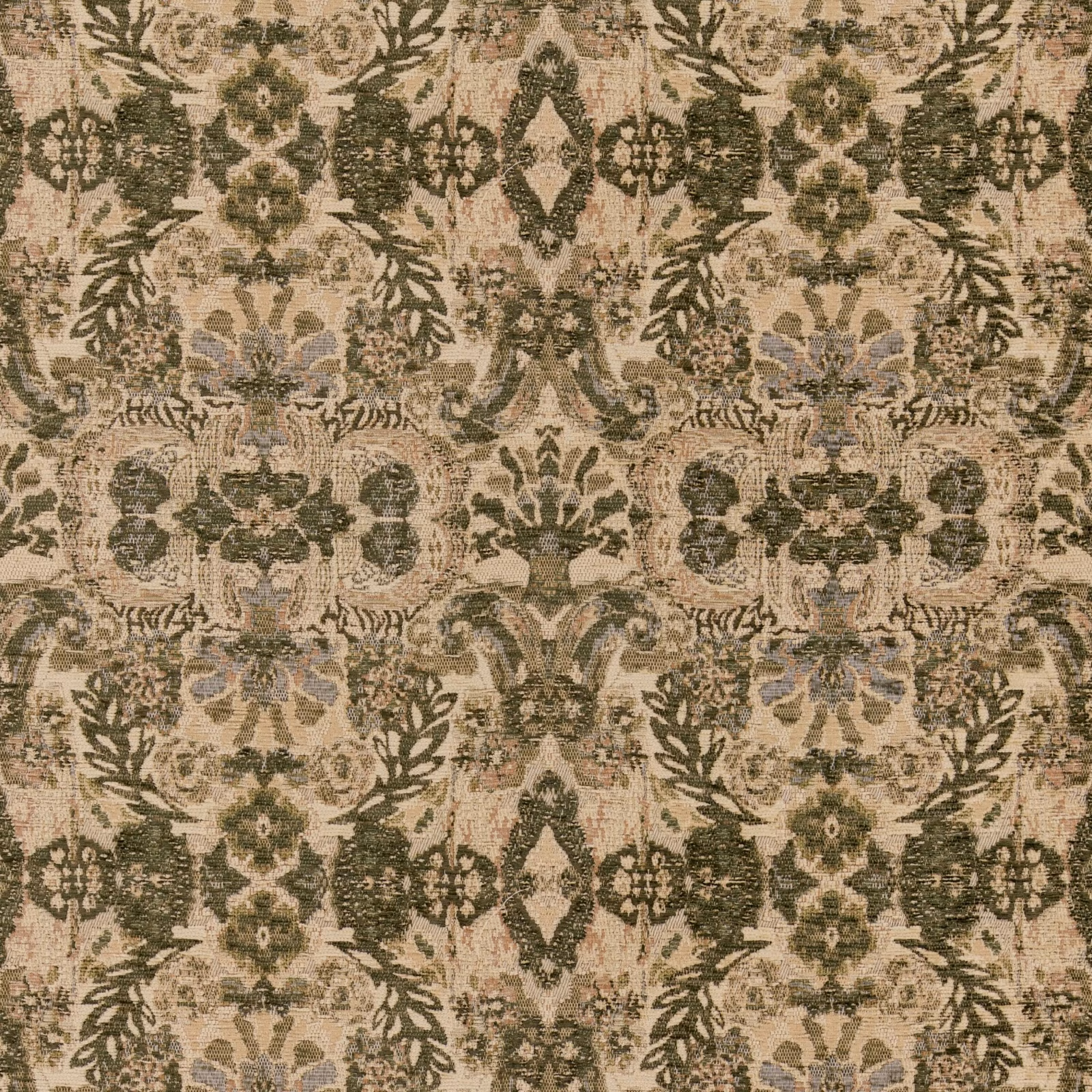 Taupe woven textile with hunter-green foliage, medallions and muted blue accents