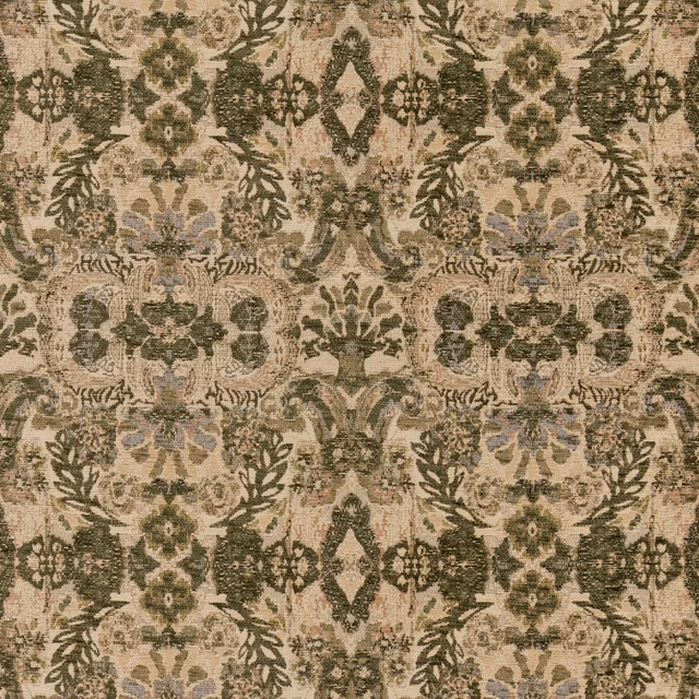 Taupe woven textile with hunter-green foliage, medallions and muted blue accents