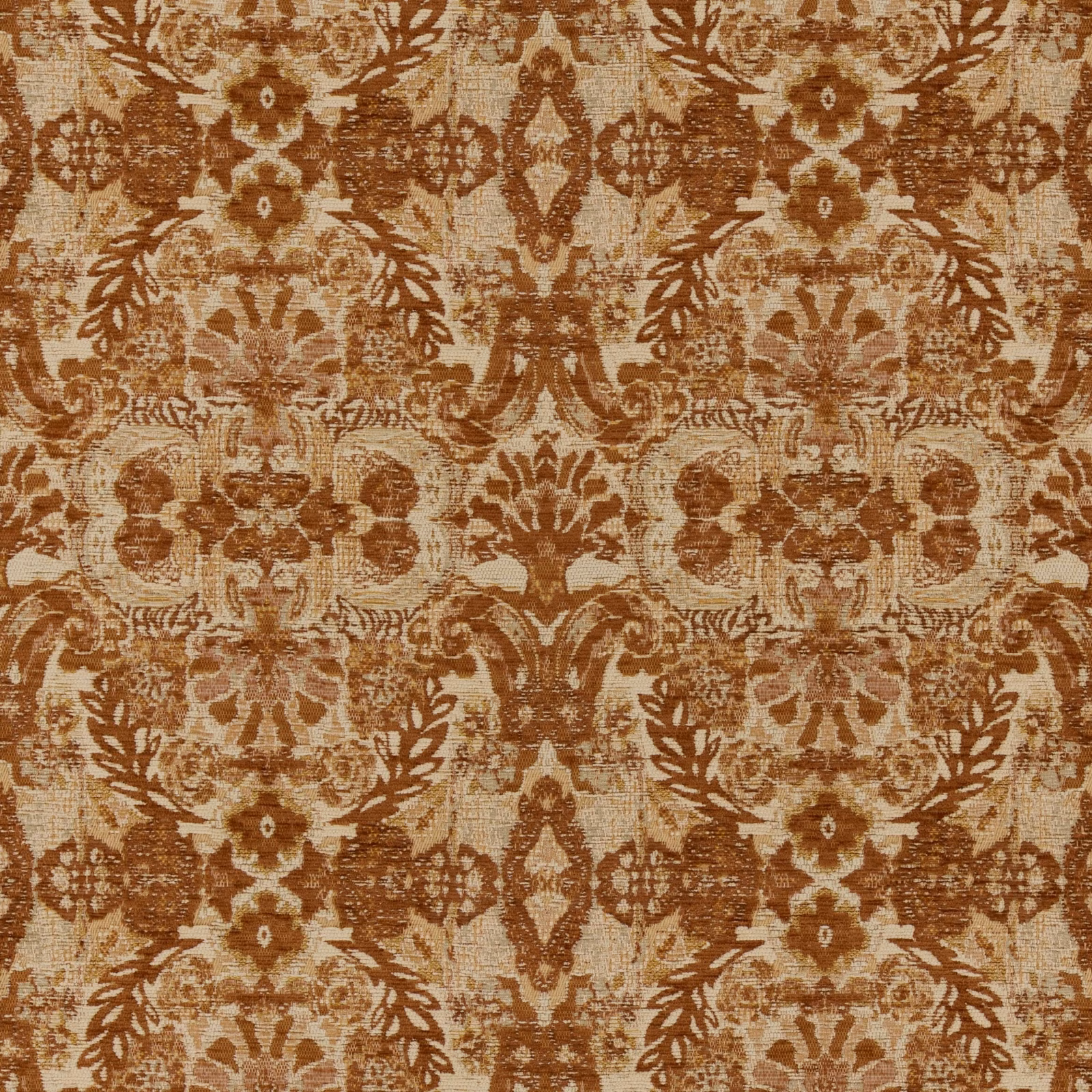 Warm terracotta and beige distressed damask fabric with scrolling floral motifs and textured weave