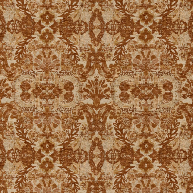 Warm terracotta and beige distressed damask fabric with scrolling floral motifs and textured weave