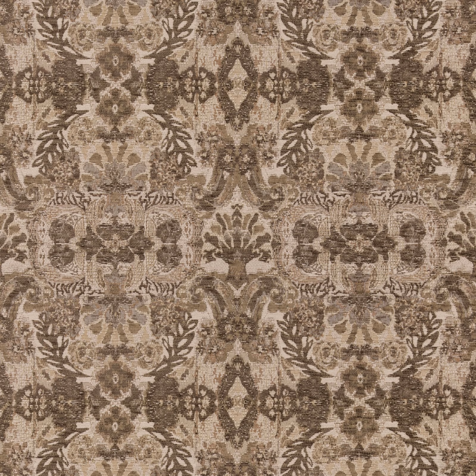 Warm tobacco and taupe damask with mirrored floral motifs and textured woven surface
