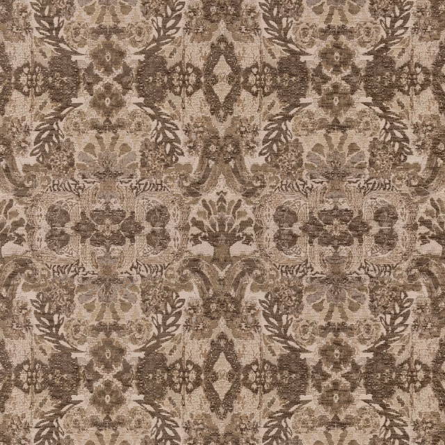 Warm tobacco and taupe damask with mirrored floral motifs and textured woven surface