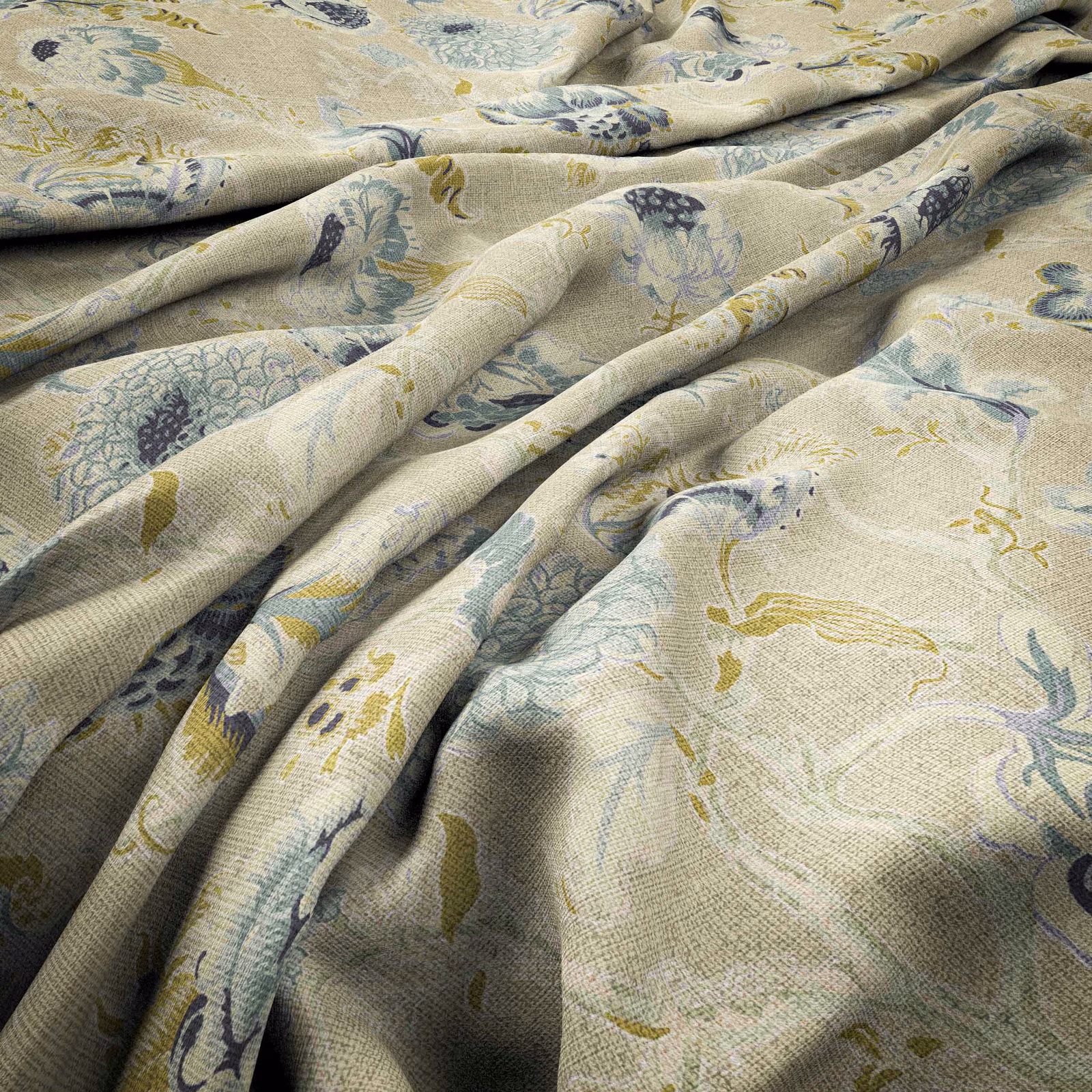 Cream woven fabric with cerulean, olive and mustard botanical motifs in folded drape