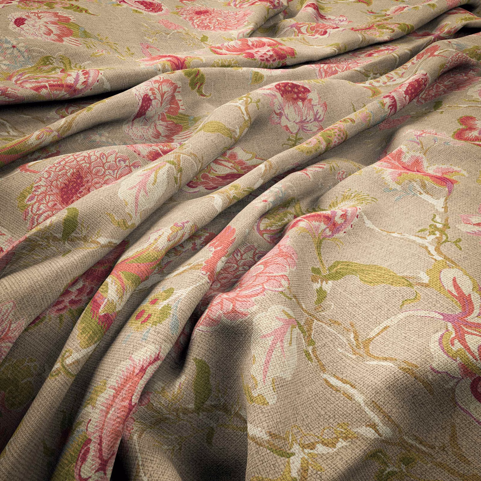 Warm taupe woven floral fabric with raspberry blooms, olive leaves and cream scrolling stems