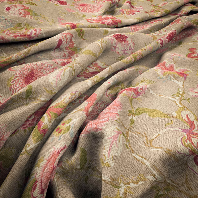 Warm taupe woven floral fabric with raspberry blooms, olive leaves and cream scrolling stems