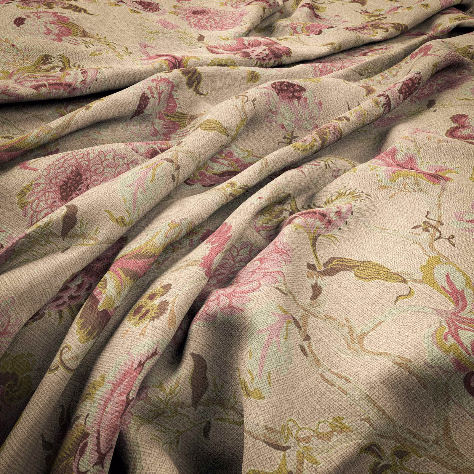 Warm beige woven ground with dusty mulberry flowers and olive botanical stems