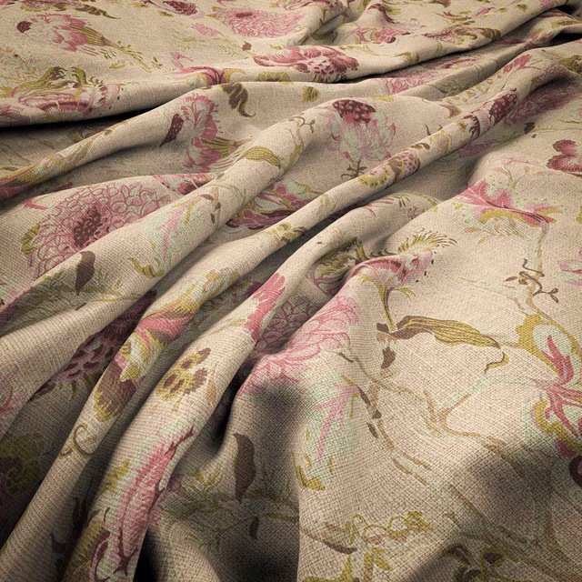 Warm beige woven ground with dusty mulberry flowers and olive botanical stems