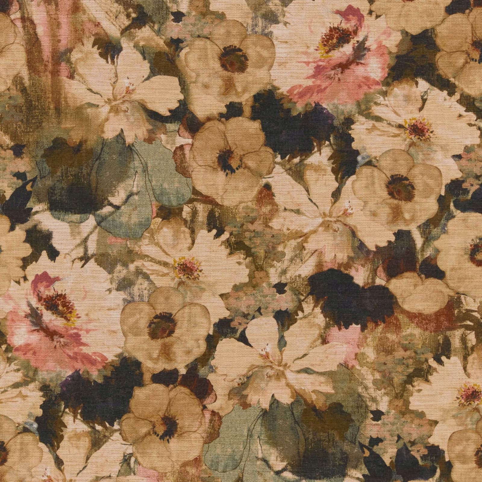 Aged beige floral fabric with blush flowers, olive leaves and a textured woven surface