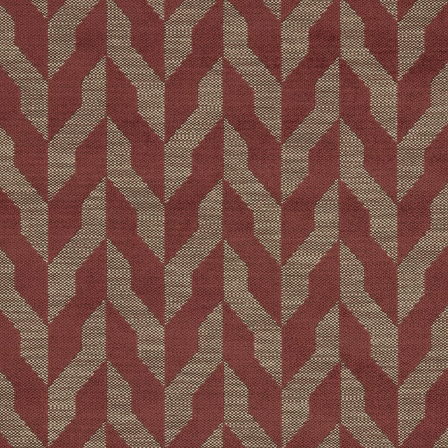 Terracotta red and beige geometric woven upholstery fabric with a repeating chevron lattice