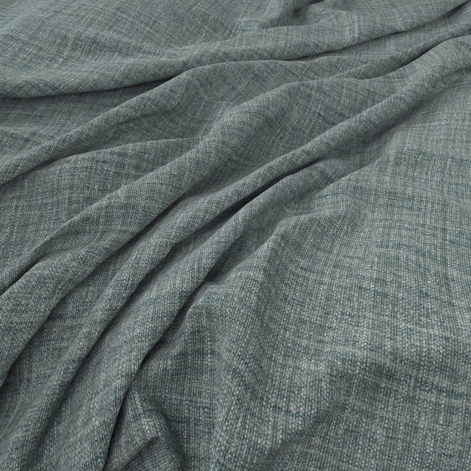 Muted eucalyptus-grey plain weave fabric with fine crosshatching and soft draped folds