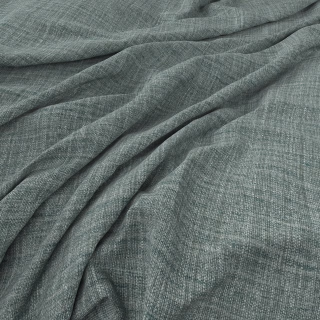 Muted eucalyptus-grey plain weave fabric with fine crosshatching and soft draped folds