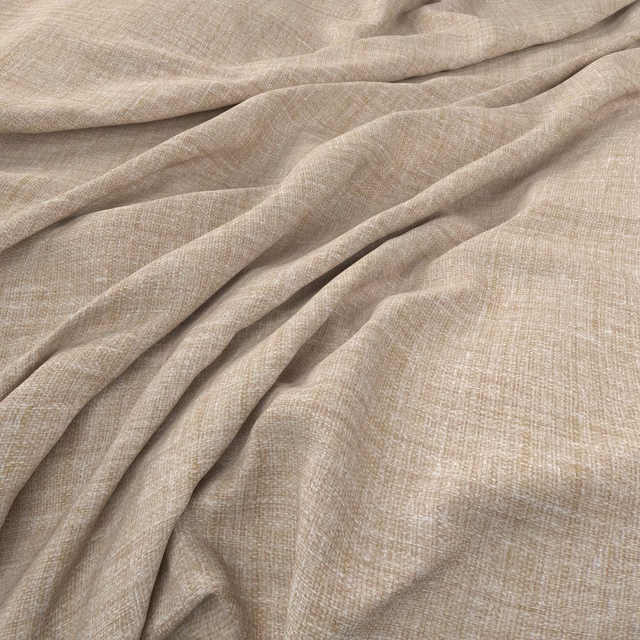 Pale flax beige textile with fine crosshatch texture gathered into soft folds