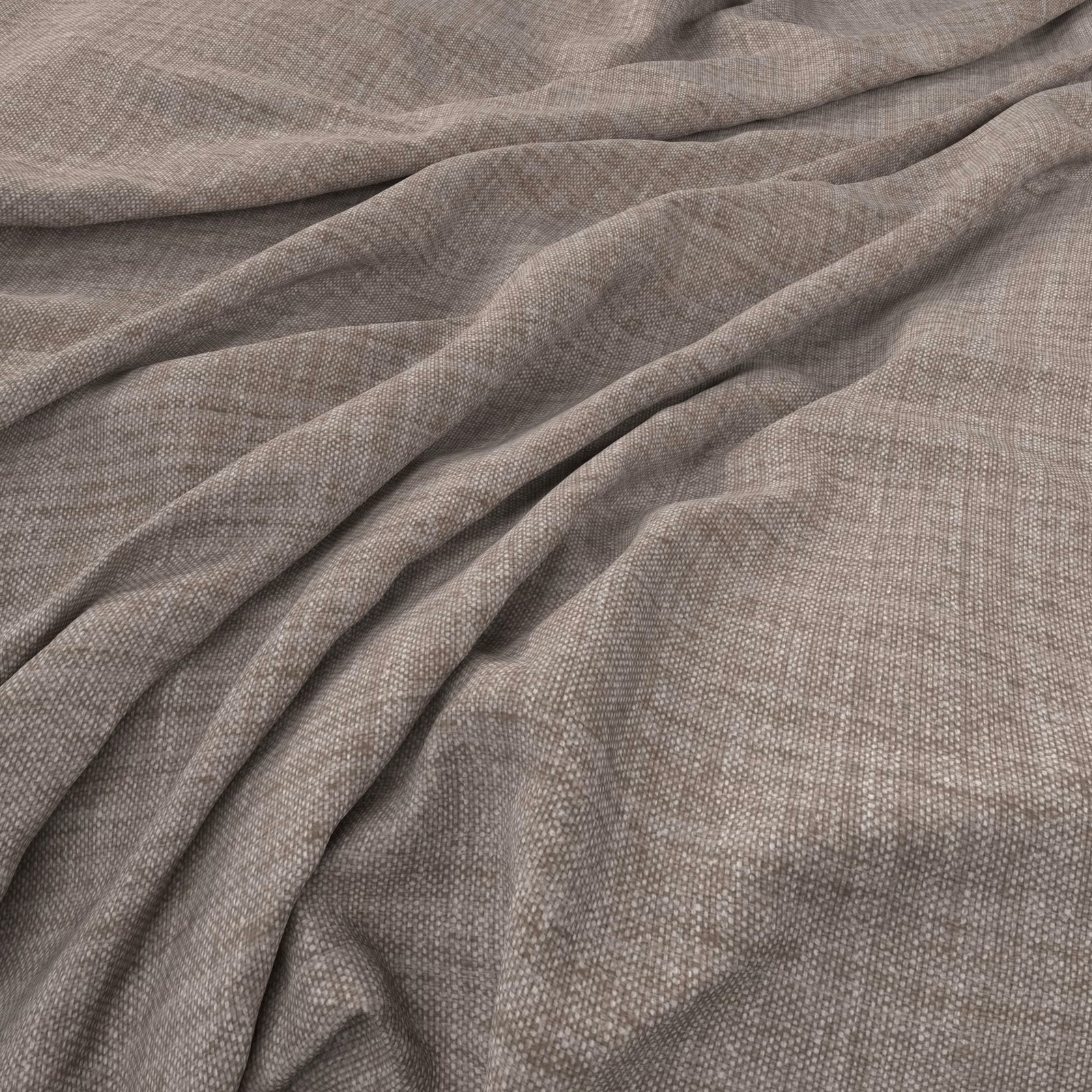 Close view of muted grey-taupe fabric showing a fine crosswoven texture and soft folds.
