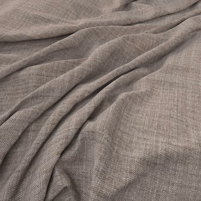 Close view of muted grey-taupe fabric showing a fine crosswoven texture and soft folds.