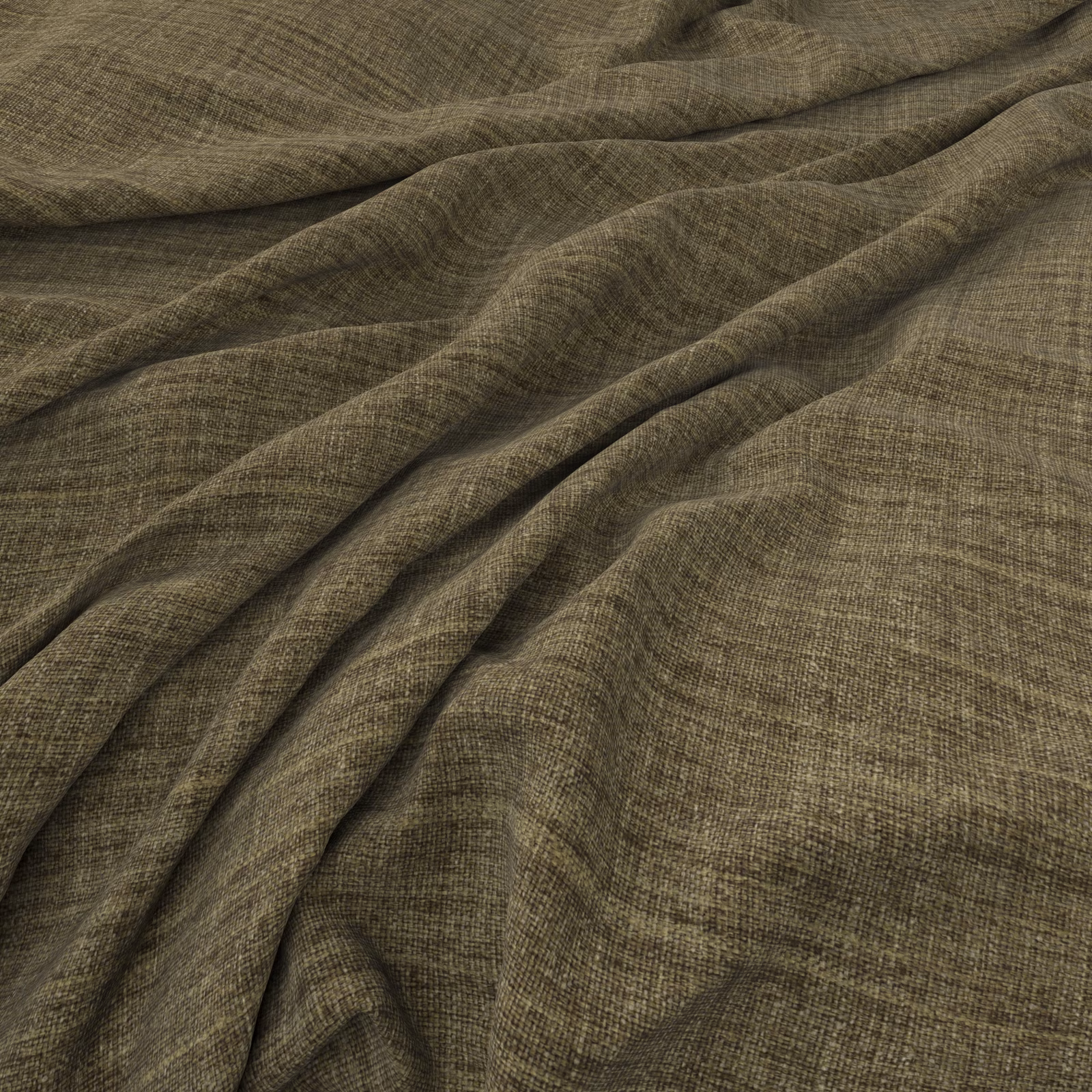 Muted olive-brown woven fabric with fine crosshatch texture in soft diagonal folds