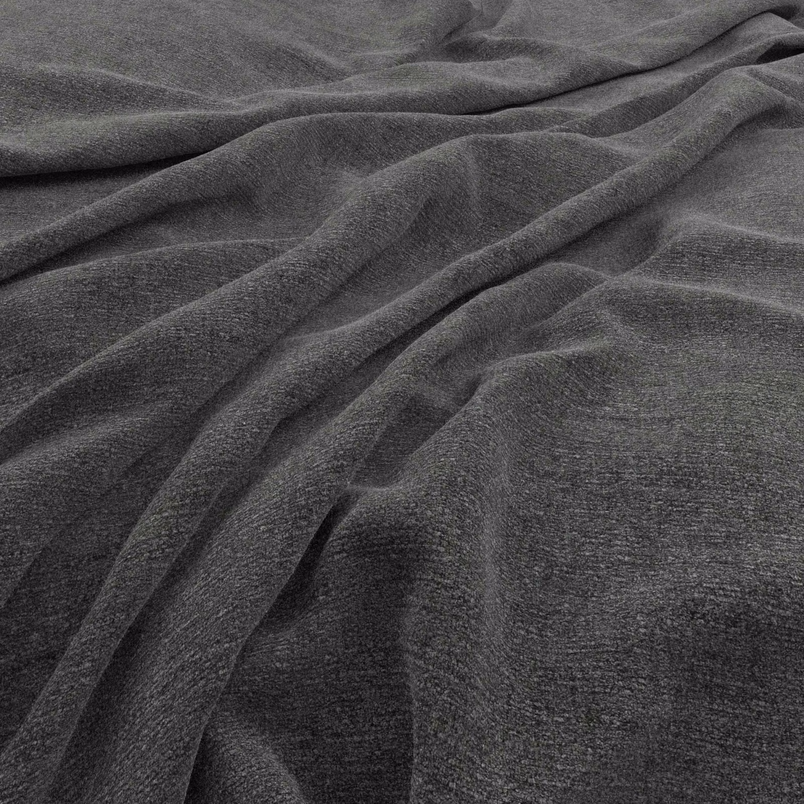 Deep charcoal-grey woven fabric draped in broad folds with subtle tonal texture