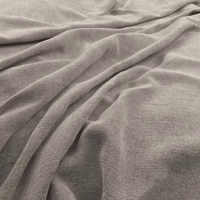 Warm grey-beige fabric with fine texture falling into soft, fluid folds