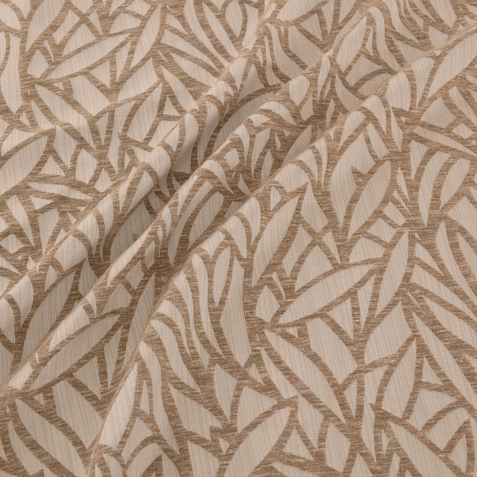 Warm bronze-taupe woven fabric with angular leaf-like motifs and fine ribbed texture