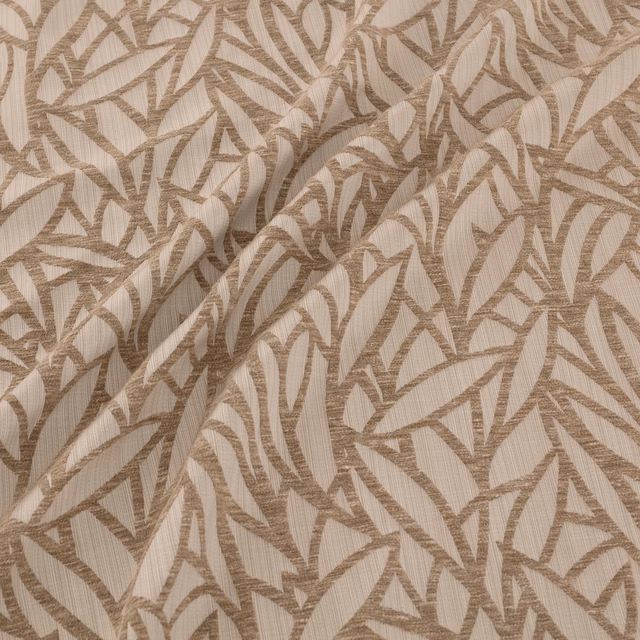 Warm bronze-taupe woven fabric with angular leaf-like motifs and fine ribbed texture
