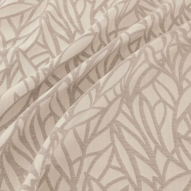 Cool silver-grey fabric with ivory ground and branching abstract leaf lines