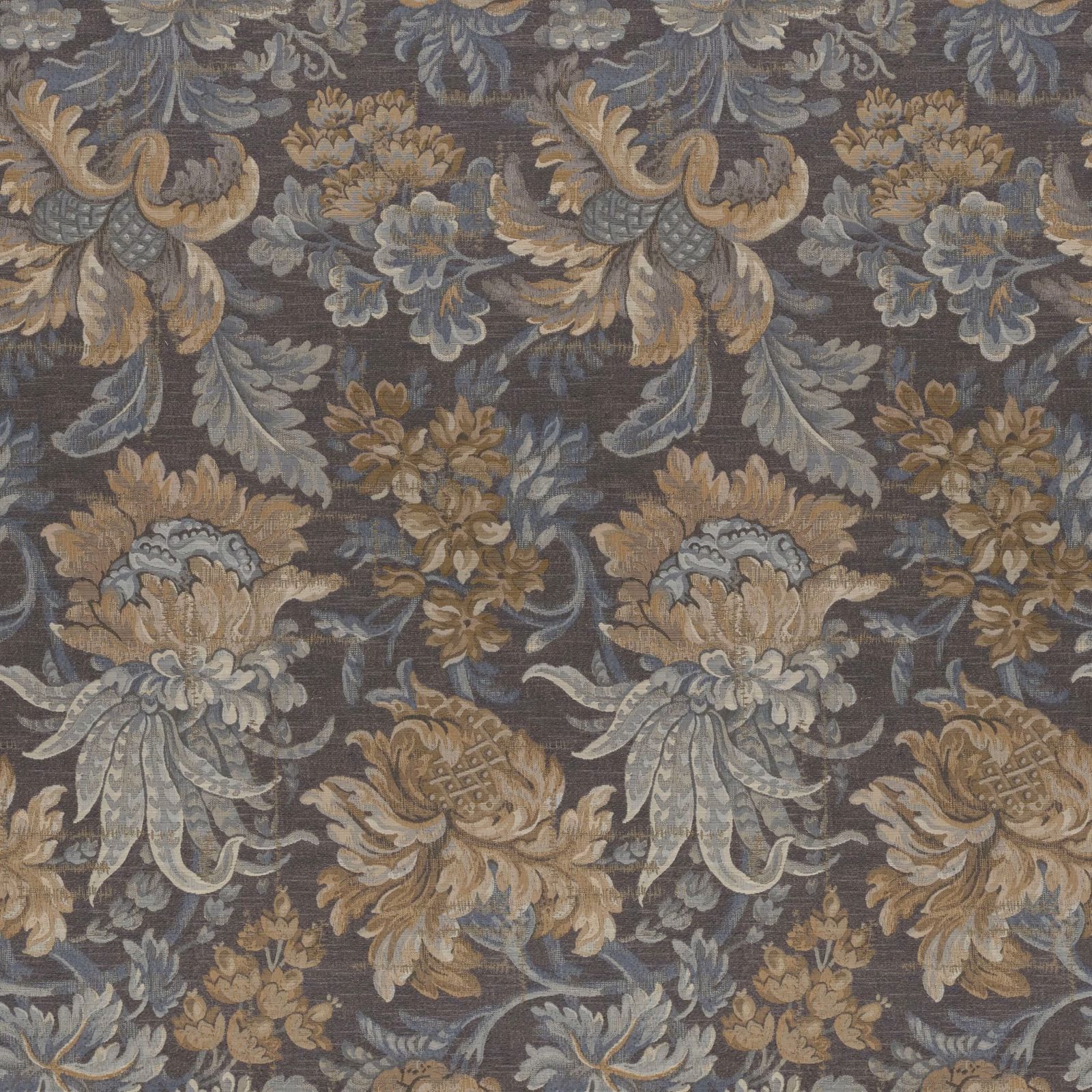 Charcoal-grey floral textile with muted blue, taupe and ivory scrolling botanical motifs