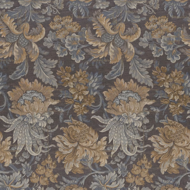 Charcoal-grey floral textile with muted blue, taupe and ivory scrolling botanical motifs