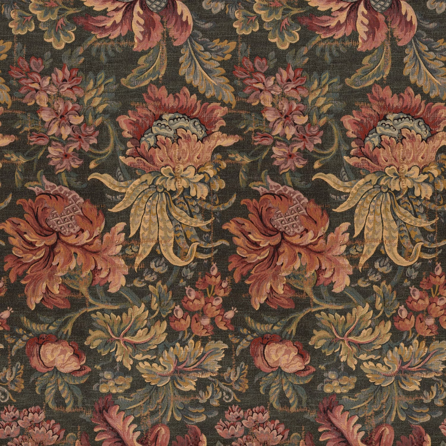 Dark olive tapestry ground with rust, burgundy and ochre floral bouquets