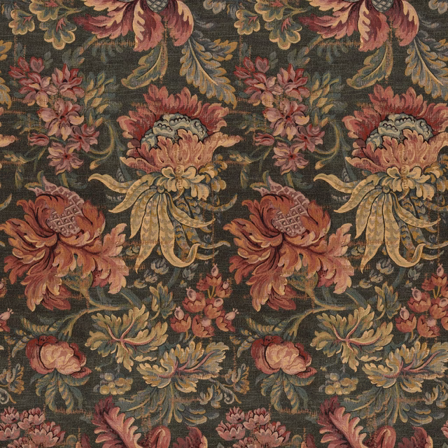 Dark olive tapestry ground with rust, burgundy and ochre floral bouquets