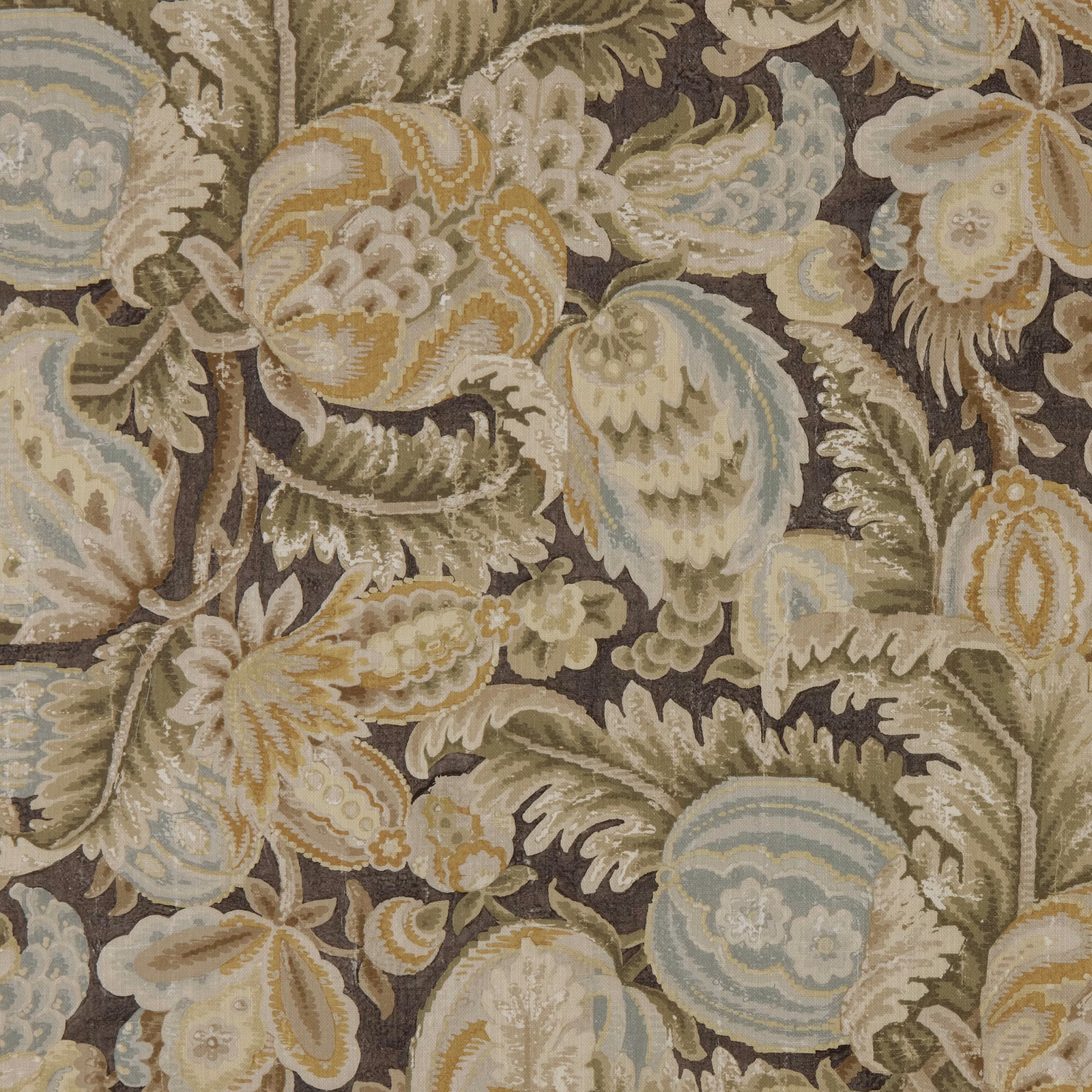 Charcoal-brown floral fabric with sage, dusty blue and ochre paisley motifs