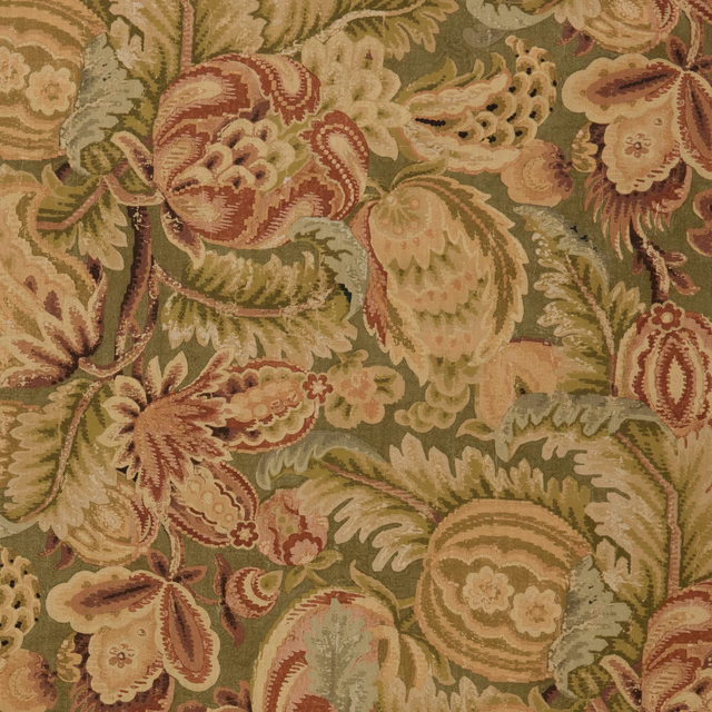 Olive floral fabric with terracotta petals, scrolling leaves and a dense woven texture