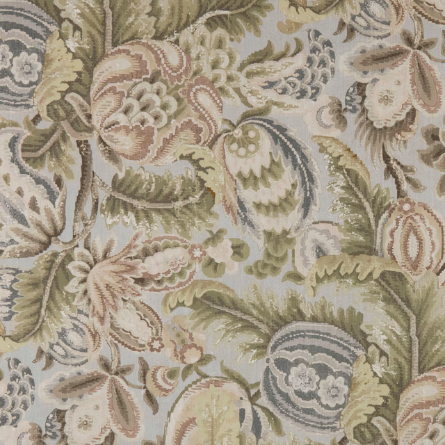Muted sage and mineral-blue paisleys with dusty blush florals on a woven ground