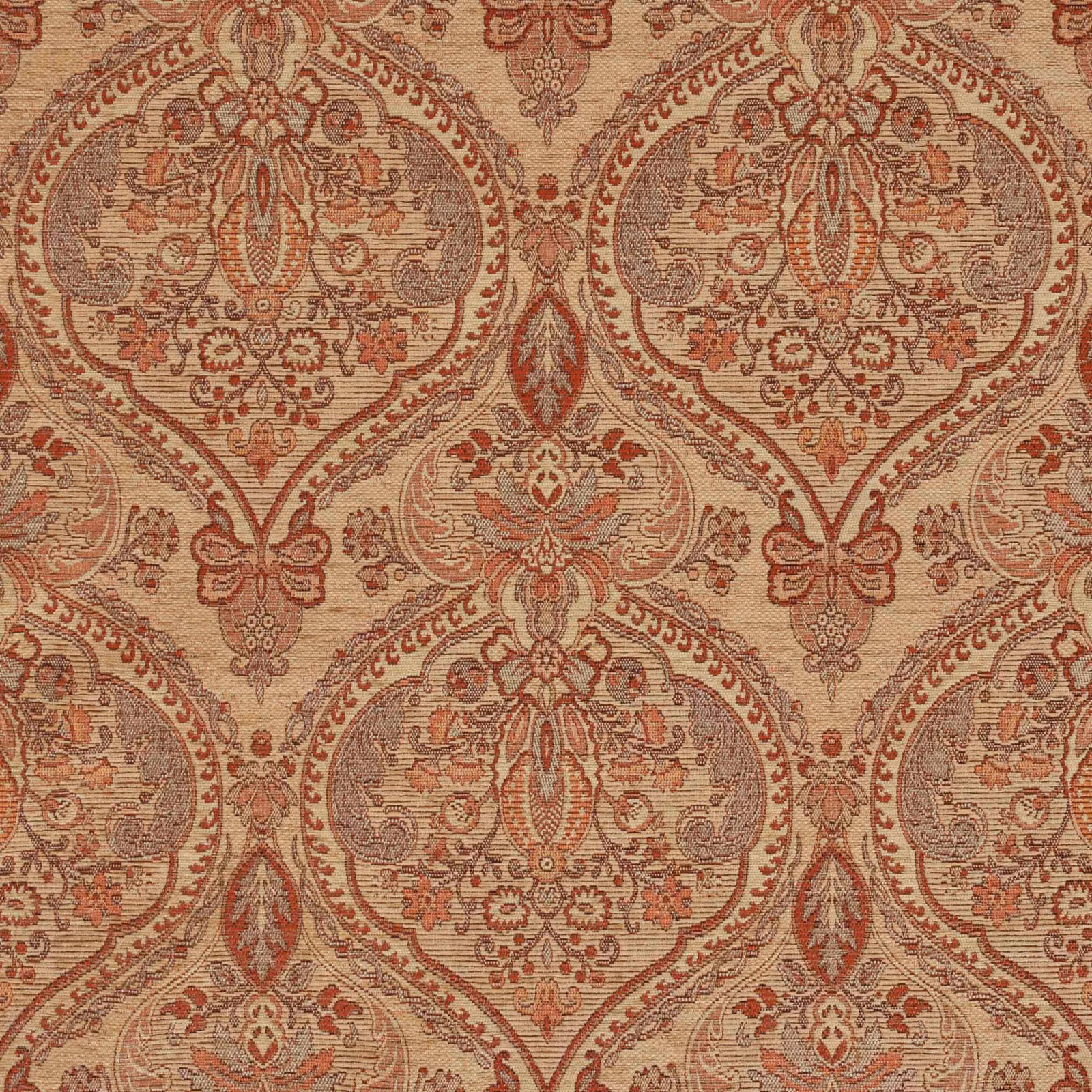 Antique beige damask fabric with rust medallions and a subtly ribbed woven texture
