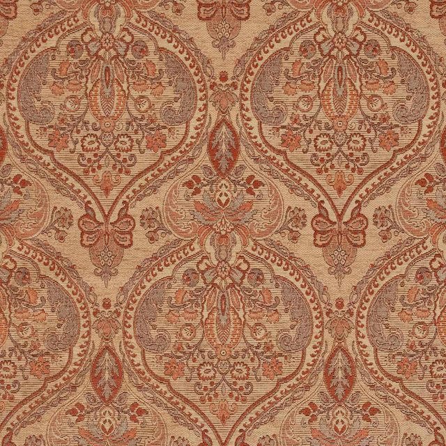 Antique beige damask fabric with rust medallions and a subtly ribbed woven texture